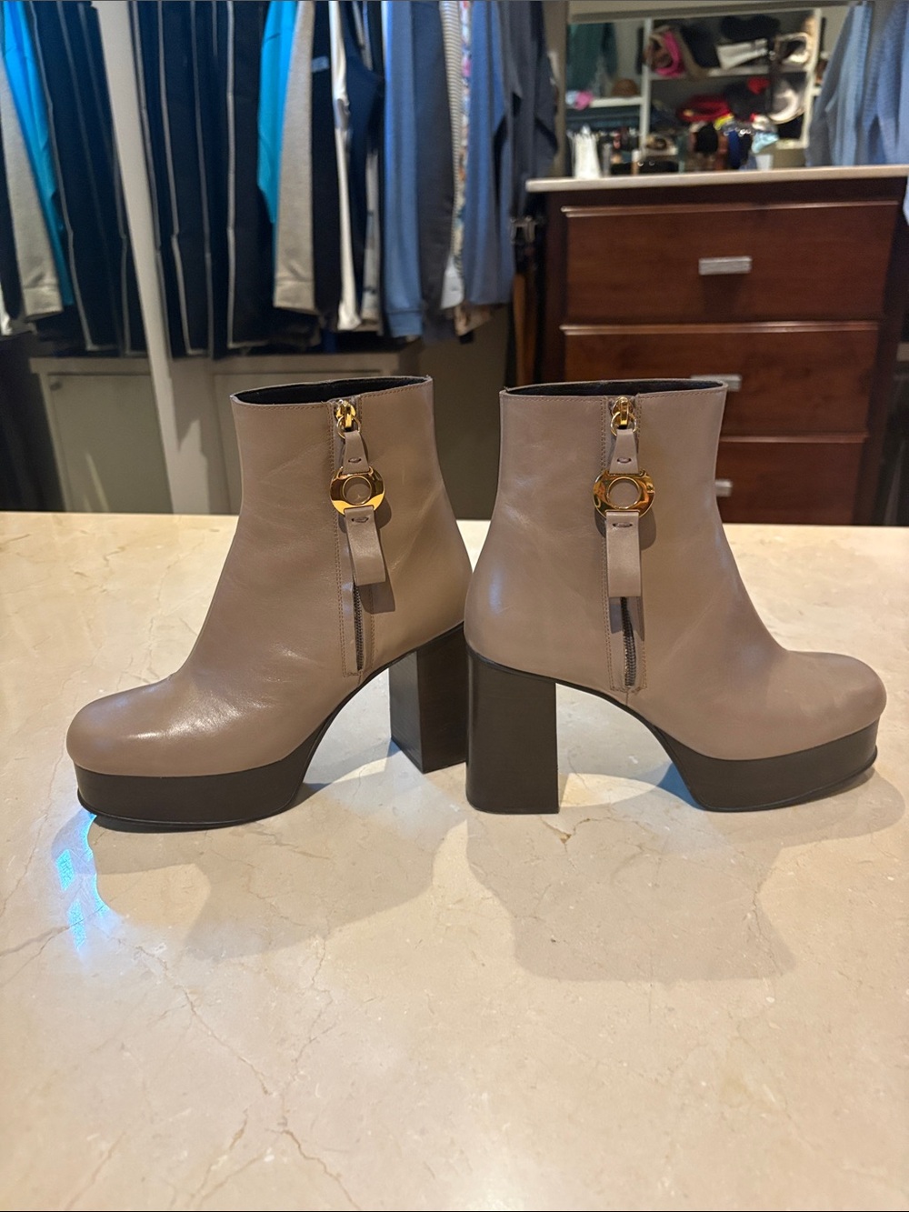 See By Chloe Taupe Leather Platform Ankle Boots with Gold Ring